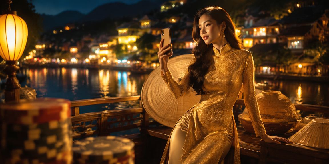 Phụ nữ mặc áo dài chơi casino trên điện thoại di động tại Sapa